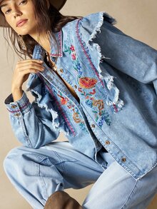 Bohemela Casual Solid Color Woven Ruffle Trim Long Sleeve Women's Blouse - Blue - View 2