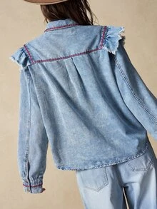 Bohemela Casual Solid Color Woven Ruffle Trim Long Sleeve Women's Blouse - Blue - View 8