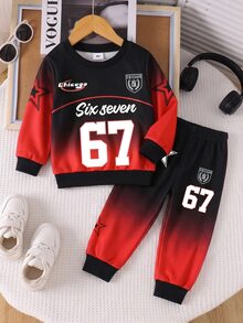 2pcs Young Boys Sweatshirt Set Street Sports Black Red Gradient Star Number Print Long Sleeve Crew Neck School Fall Back To School - Multicolor - View 4