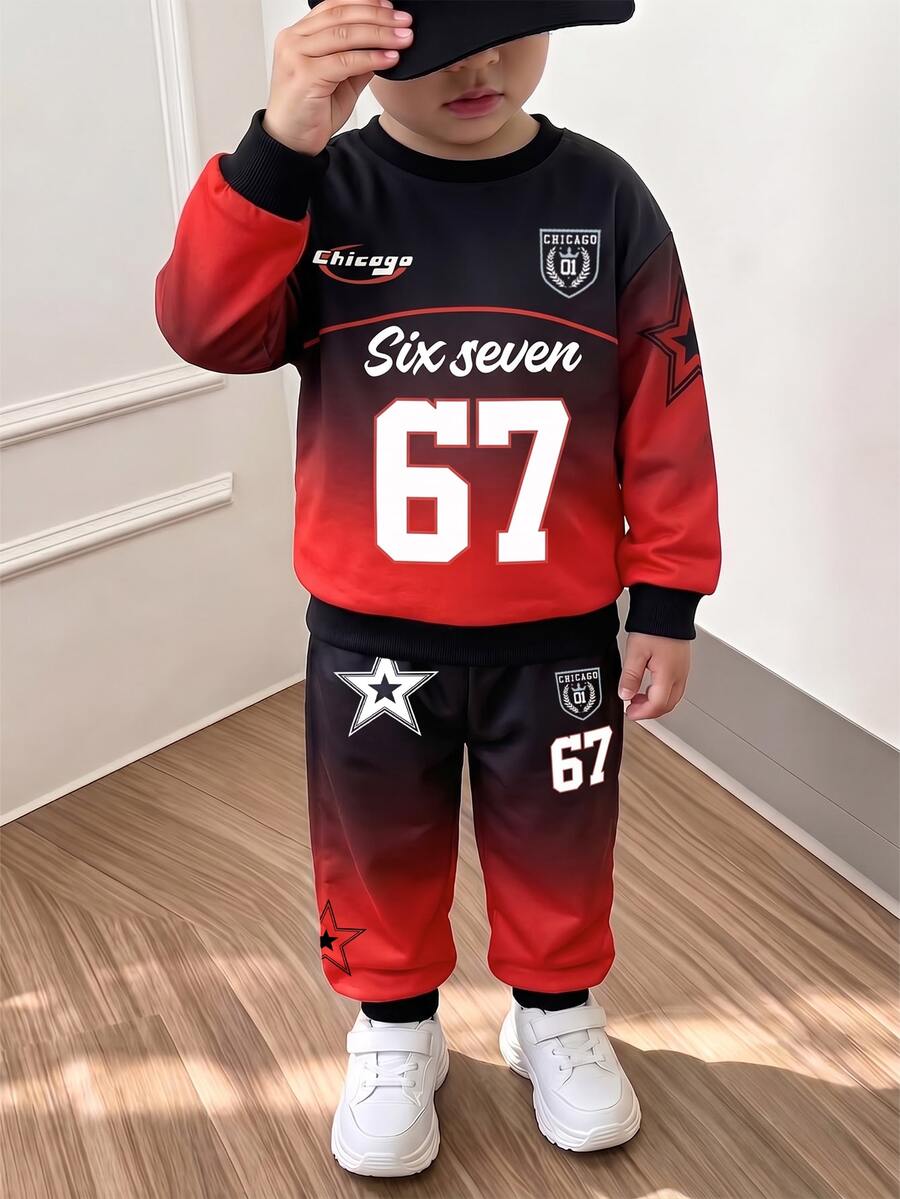 2pcs Young Boys Sweatshirt Set Street Sports Black Red Gradient Star Number Print Long Sleeve Crew Neck School Fall Back To School - Multicolor - View 1