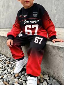 2pcs Young Boys Sweatshirt Set Street Sports Black Red Gradient Star Number Print Long Sleeve Crew Neck School Fall Back To School - Multicolor - View 3