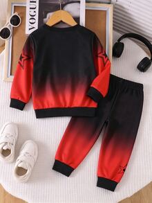 2pcs Young Boys Sweatshirt Set Street Sports Black Red Gradient Star Number Print Long Sleeve Crew Neck School Fall Back To School - Multicolor - View 2