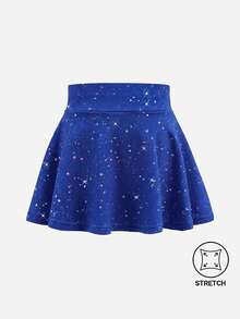 SHEIN 女童運動服 柔軟彈性星星印花淺藍色裙子，適用瑜伽、體操、海灘、舞蹈、室內活動、秋季、網球、健身房 - 寶藍色 - 查看 3