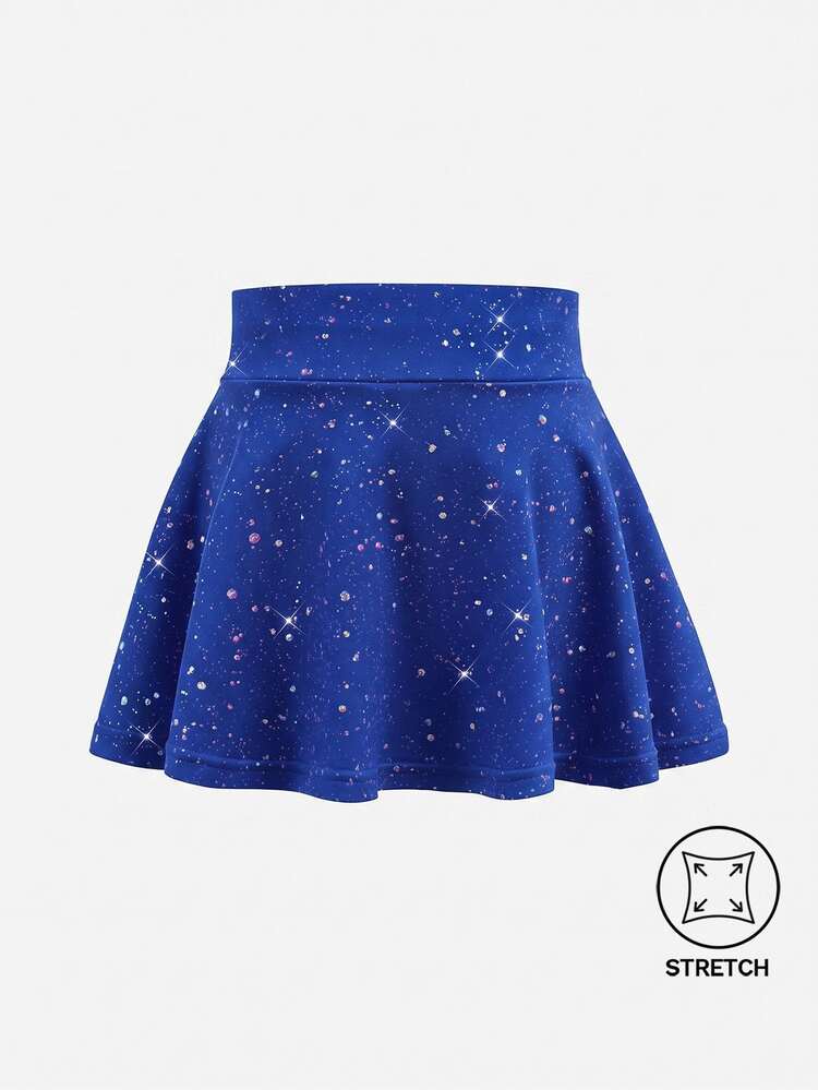 SHEIN Young Girls Activewear Soft Stretchy Star Print Baby Blue Skirt For Yoga Gymnastics Beach, Dance, Indoor Activities, Summer, Tennis, Gym - Royal Blue - View 2
