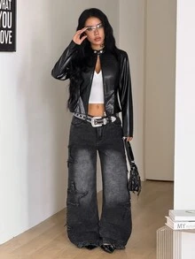 Coolane Women's Autumn/Winter Street Casual Slim Fit Zipper Closure Motorcycle Leather Jacket - Black - View 2