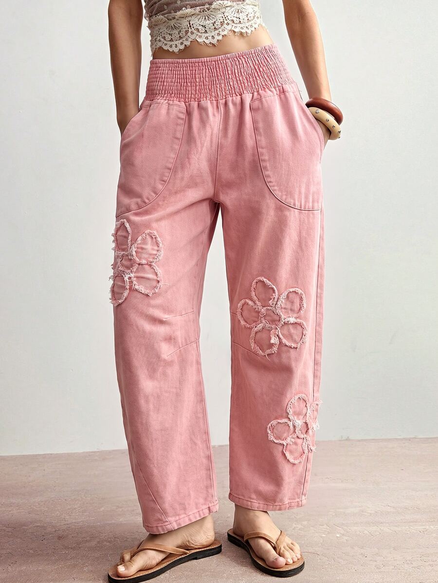 Bohemela Floral Embroidery Straight Leg Pants Everyday Vacation Dusty Pink Autumn Casual Boho - Pink - View 1