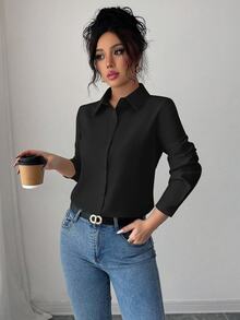 Elenzga Kemeja Lengan Panjang Kasual Warna Polos untuk Wanita - Hitam - View 3