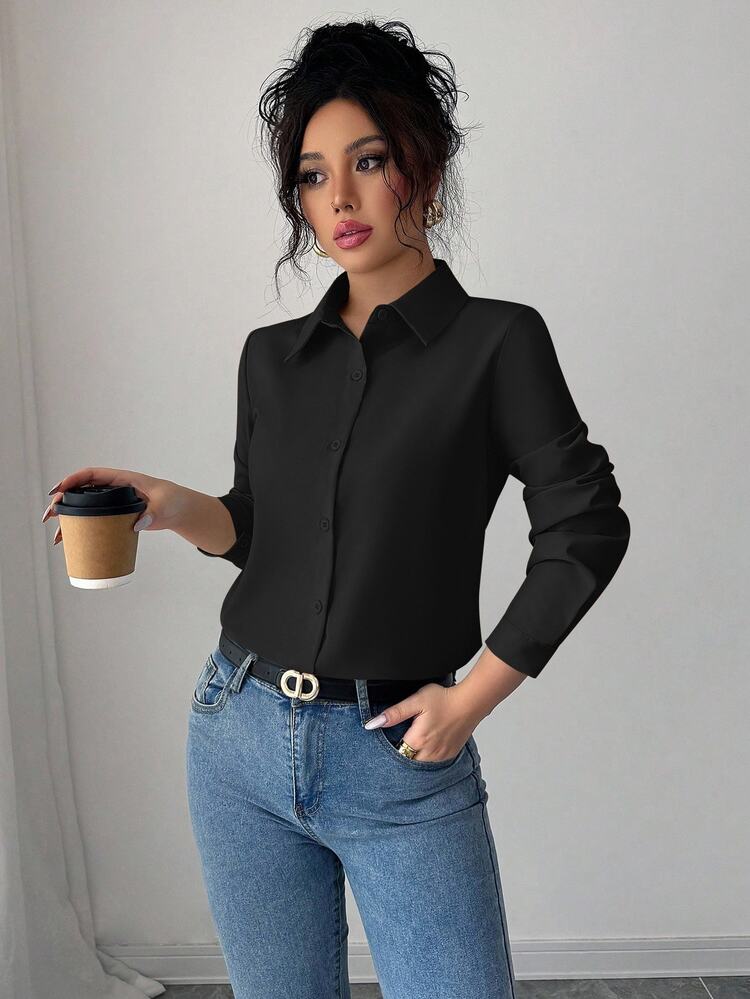 Elenzga Kemeja Lengan Panjang Kasual Warna Polos untuk Wanita - Hitam - View 3