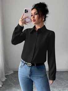 Elenzga Kemeja Lengan Panjang Kasual Warna Polos untuk Wanita - Hitam - View 4