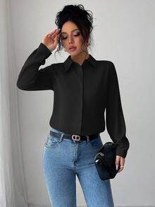 Elenzga Kemeja Lengan Panjang Kasual Warna Polos untuk Wanita - Hitam - View 5