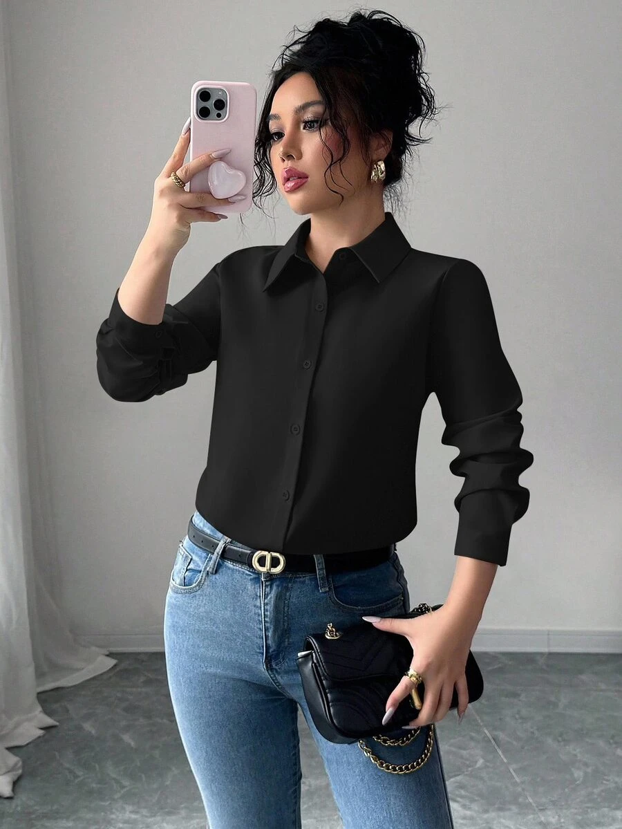 Elenzga Kemeja Lengan Panjang Kasual Warna Polos untuk Wanita - Hitam - View 1