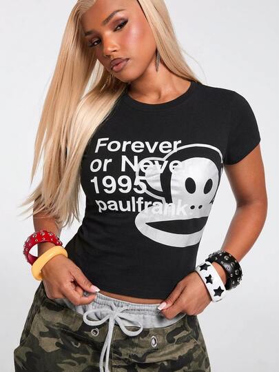 Paul Frank X ROMWE Y2K Hot Girl Co-Branded Slogan Print Silver Foil Tight Fit Women's T-Shirt