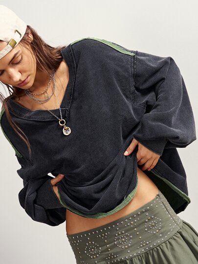 Bohemela Casual Solid Color Knit V-Neck Long Sleeve Loose Fit Women's Sweatshirt Travel Dark Grey Autumn