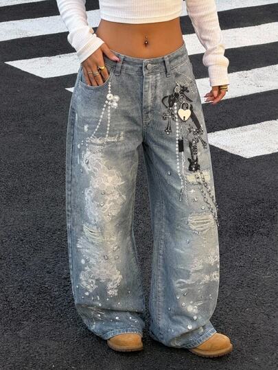 Muchica Women's Casual Versatile Daily Travel Denim Jeans With Pocket And Button Lace Digital Print Jeans Wide Leg Pants Casual Street Fashion