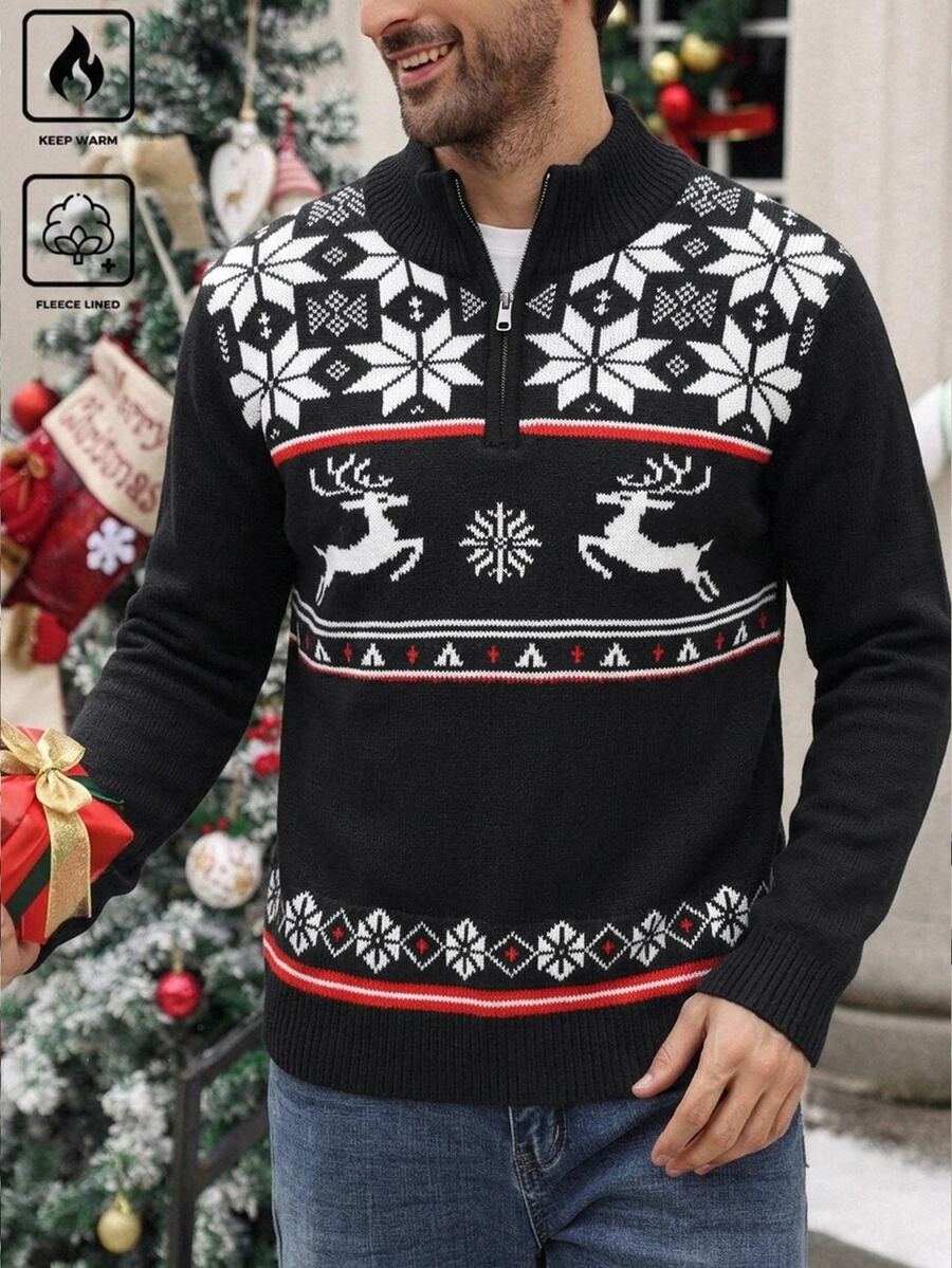 Manfinity Homme Autumn/Winter New Snowflake Christmas New Year Half-Button Front Festive Pullover Long Sleeve Sweater - Black - View 1