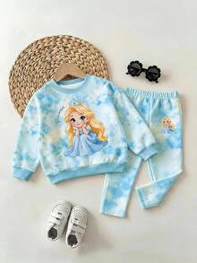SHEIN Girls Cloud Tie-Dye Princess Cartoon Print Crew Neck Sweatshirt & Leggings Set, Sweet Casual Thermal Lined For Autumn - Multicolor - View 3