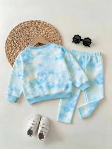 SHEIN Girls Cloud Tie-Dye Princess Cartoon Print Crew Neck Sweatshirt & Leggings Set, Sweet Casual Thermal Lined For Autumn - Multicolor - View 2