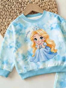 SHEIN Girls Cloud Tie-Dye Princess Cartoon Print Crew Neck Sweatshirt & Leggings Set, Sweet Casual Thermal Lined For Autumn - Multicolor - View 4