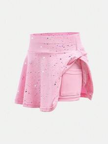 SHEIN 2pcs Young Girls' Activewear Set - Elastic Starry Print Skirt, Casual Princess Athletic Cowgirl, Yoga, Summer, Gym, Gymnastics Rainbow 7th Birthday - Multicolor - View 4