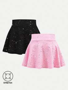 SHEIN 2pcs Young Girls' Activewear Set - Elastic Starry Print Skirt, Casual Princess Athletic Cowgirl, Yoga, Summer, Gym, Gymnastics Rainbow 7th Birthday - Multicolor - View 3