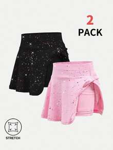 SHEIN 2pcs Young Girls' Activewear Set - Elastic Starry Print Skirt, Casual Princess Athletic Cowgirl, Yoga, Summer, Gym, Gymnastics Rainbow 7th Birthday - Multicolor - View 2