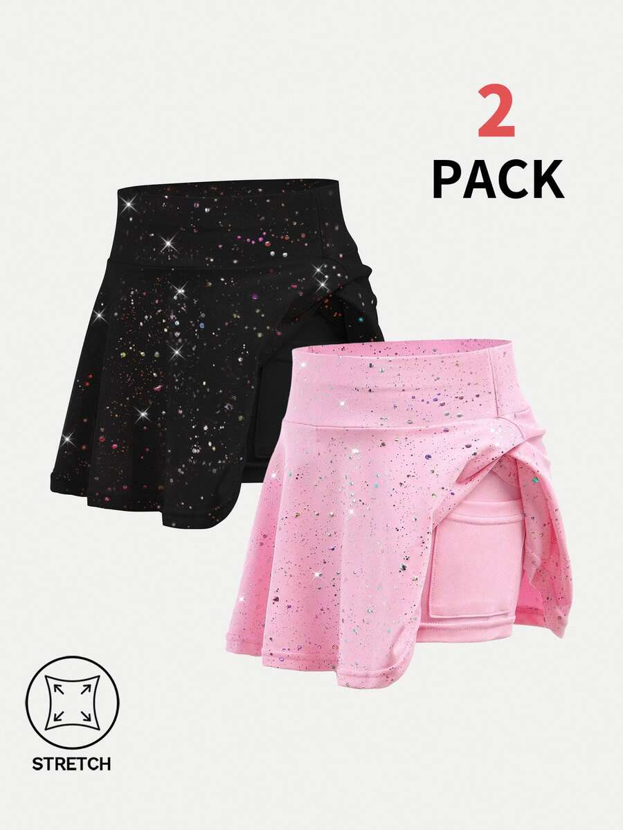 SHEIN 2pcs Young Girls' Activewear Set - Elastic Starry Print Skirt, Casual Princess Athletic Cowgirl, Yoga, Summer, Gym, Gymnastics Rainbow 7th Birthday