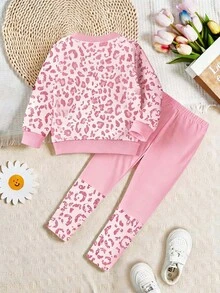 SHEIN Young Girl Leopard Print Long Sleeve Sweatshirt And Pants Set - Multicolor - View 2