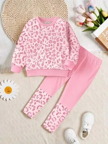 SHEIN Young Girl Leopard Print Long Sleeve Sweatshirt And Pants Set - Multicolor - View 3