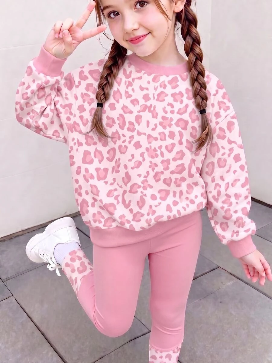 SHEIN Young Girl Leopard Print Long Sleeve Sweatshirt And Pants Set - Multicolor - View 1