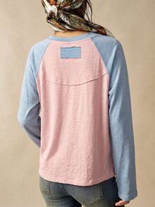 Bohemela Women's Colorblock Raglan Long Sleeve Crew Neck Casual T-Shirt - Pink - View 2