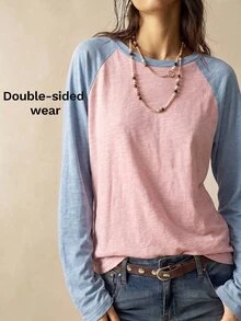 Bohemela Women's Colorblock Raglan Long Sleeve Crew Neck Casual T-Shirt - Pink - View 1