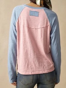 Bohemela Women's Colorblock Raglan Long Sleeve Crew Neck Casual T-Shirt - Pink - View 6