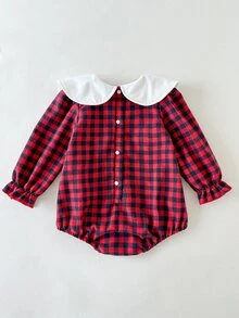 SHEIN 2件組女嬰連身衣套裝，可愛趣味甜美風，紅藍格紋蝴蝶結荷葉邊花卉長袖彼得潘領，生日家庭聚會派對秋季款 - 酒紅色 - 查看 3