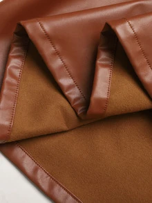 SHEIN Tween Girls Tween Girl Autumn Beige & Brown Fashion Knit Round Neck Letter Long Sleeve Patchwork PU Dress - Coffee - View 8