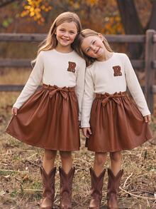 SHEIN Tween Girls Tween Girl Autumn Beige & Brown Fashion Knit Round Neck Letter Long Sleeve Patchwork PU Dress - Coffee - View 7