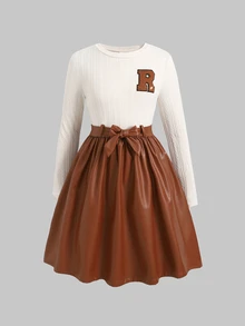 SHEIN Tween Girls Tween Girl Autumn Beige & Brown Fashion Knit Round Neck Letter Long Sleeve Patchwork PU Dress - Coffee - View 2