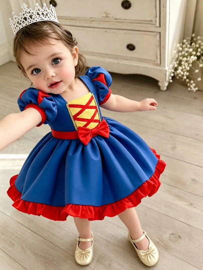 SHEIN Glamorique Kids Infant Princess Dress, Princess Gown, Royal Blue Satin Texture, Puff Sleeves, Birthday Party, Wedding Holiday Formal Dress, Partywear, Luxurious Formal Gown, All Seasons, Red Ribbon, Bow