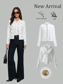 Sweetra Autumn New Korean Style Unisex Small Stand Collar Open Front Design Minimalist Fashion Old Money Style Women's Short Fitted Jacket - White - View 1