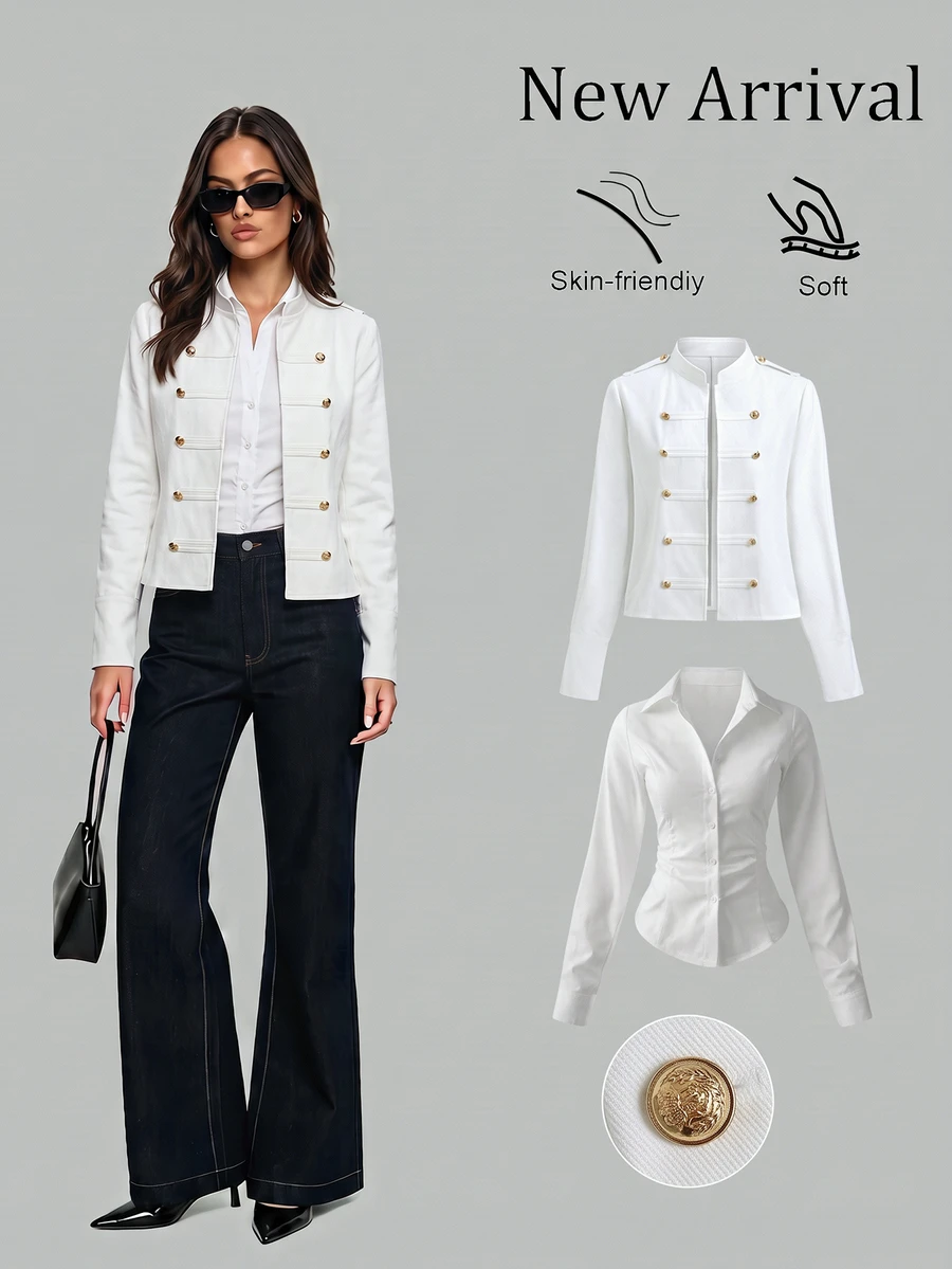 Sweetra Autumn New Korean Style Unisex Small Stand Collar Open Front Design Minimalist Fashion Old Money Style Women's Short Fitted Jacket - White - View 1