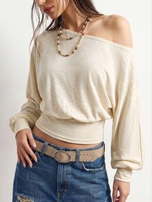 Bohemela Women's Autumn Casual Solid Color Asymmetric Collar T-Shirt - Apricot - View 3