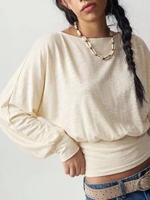 Bohemela Women's Autumn Casual Solid Color Asymmetric Collar T-Shirt - Apricot - View 2