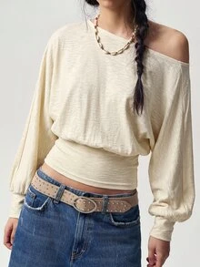 Bohemela Women's Autumn Casual Solid Color Asymmetric Collar T-Shirt - Apricot - View 4