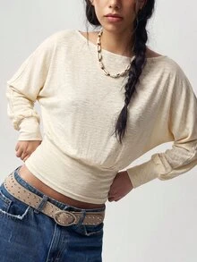 Bohemela Women's Autumn Casual Solid Color Asymmetric Collar T-Shirt - Apricot - View 1