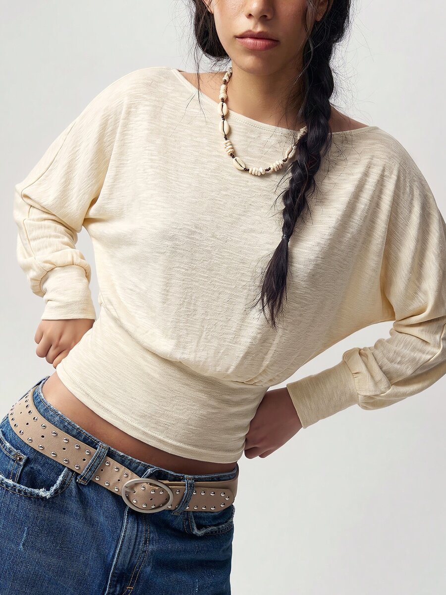 Bohemela Women's Autumn Casual Solid Color Asymmetric Collar T-Shirt - Apricot - View 1