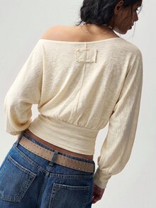 Bohemela Women's Autumn Casual Solid Color Asymmetric Collar T-Shirt - Apricot - View 6