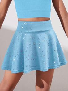 SHEIN Young Girls Activewear Blue Starry Sky Print Elastic Comfortable Yoga Dance Skirt, Autumn Winter, Fall, Back To School, Tennis, Running, Gym, Stretchy - Blue - View 5