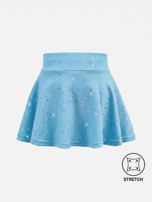 SHEIN Young Girls Activewear Blue Starry Sky Print Elastic Comfortable Yoga Dance Skirt, Autumn Winter, Fall, Back To School, Tennis, Running, Gym, Stretchy - Blue - View 3