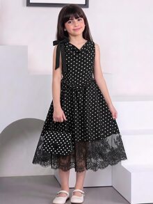 SHEIN Gaun Anak Perempuan Remaja Motif Polkadot Prancis dengan Hiasan Renda dan Patchwork untuk Liburan - Hitam - View 10