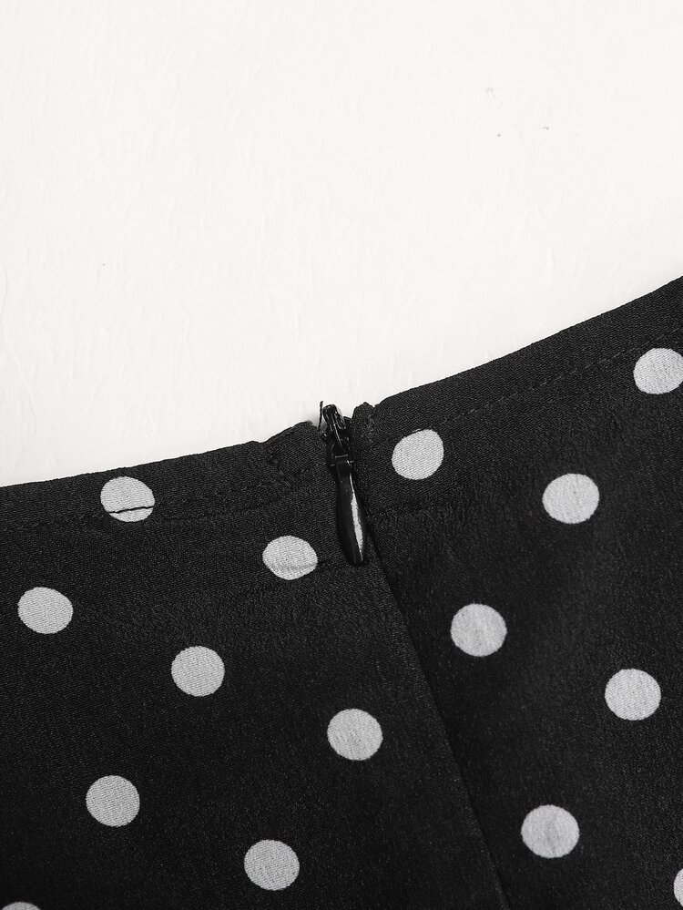 SHEIN Gaun Anak Perempuan Remaja Motif Polkadot Prancis dengan Hiasan Renda dan Patchwork untuk Liburan - Hitam - View 7