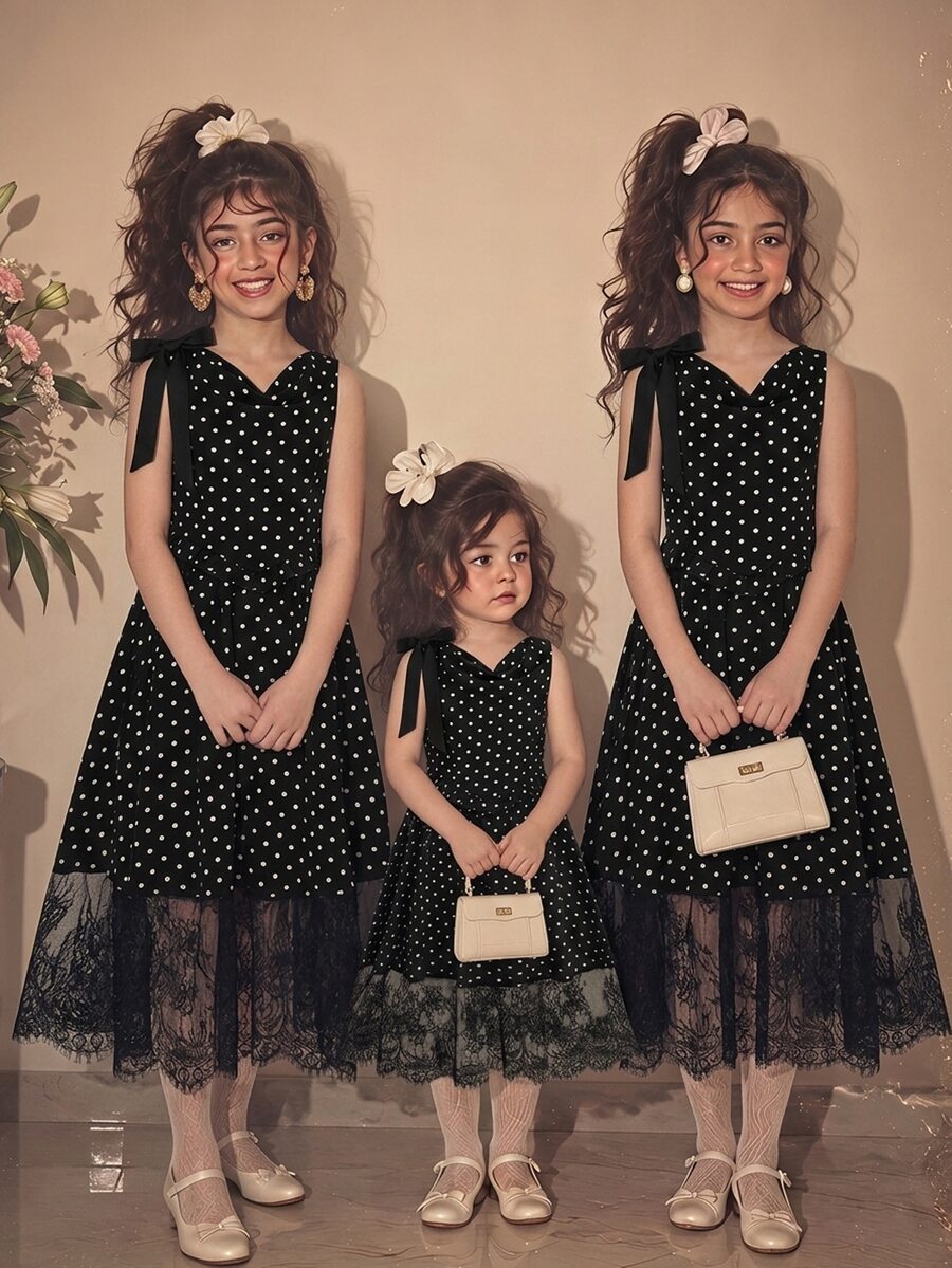 SHEIN Gaun Anak Perempuan Remaja Motif Polkadot Prancis dengan Hiasan Renda dan Patchwork untuk Liburan - Hitam - View 1